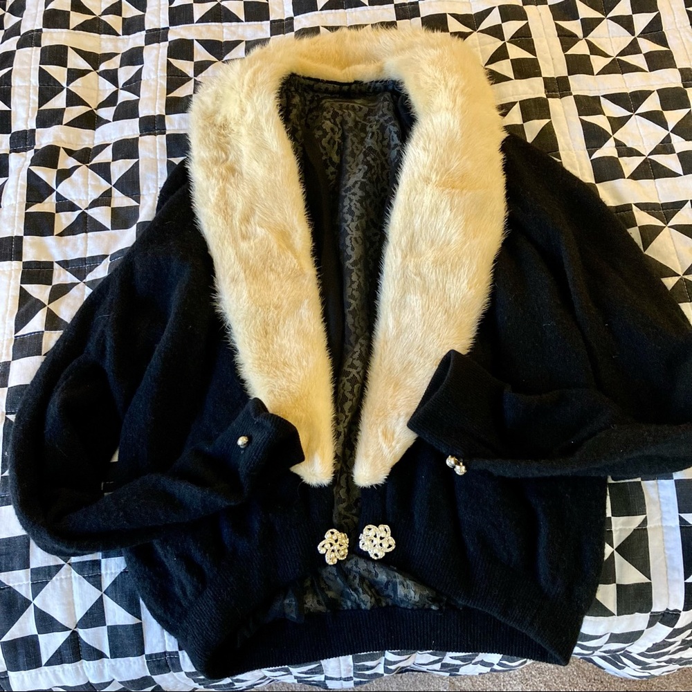 Vintage 1950’s cardigan with mink fur collar & jewel button closures